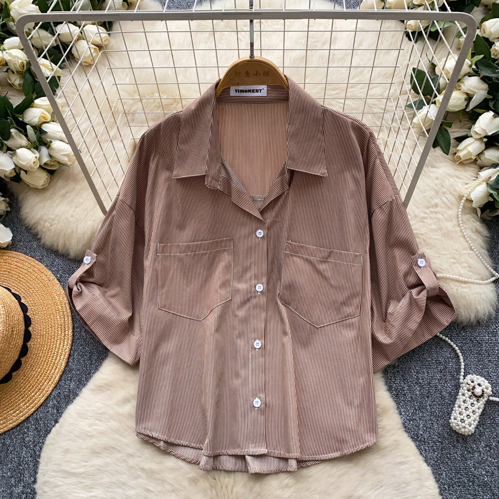 Korean style commute-ready striped shirt: breathable, skin-friendly, women's  summer short-sleeve loose-fit cardigan, solid color, elegant top