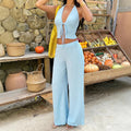 European and american cross-border lazy vacation style set: light blue halter neck tie crop top with high-waisted wide-leg pants two-piece outfit