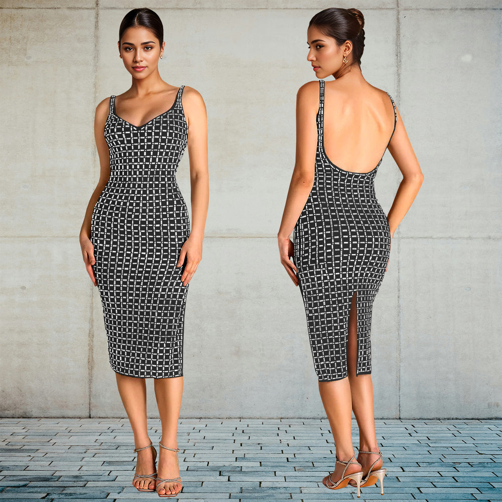 C7219 cross-border   fashion women's sexy backless rhinestone suspender sleeveless dress
