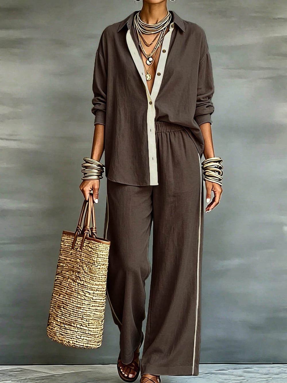 Exportplus size relaxation work clothing set retro gray linen shirt elastic waist side strips wide leg pants two-piece set