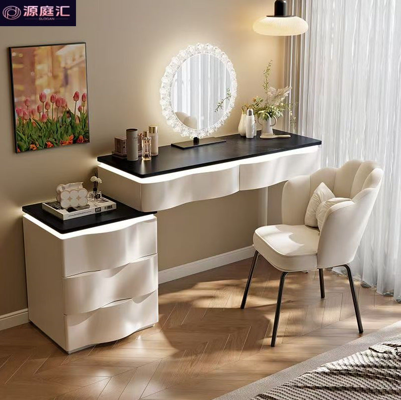 2025 new luxury solid wood vanity table - minimalist bedroom makeup desk with integrated chest of drawers, small storage cabinet, and makeup mirror