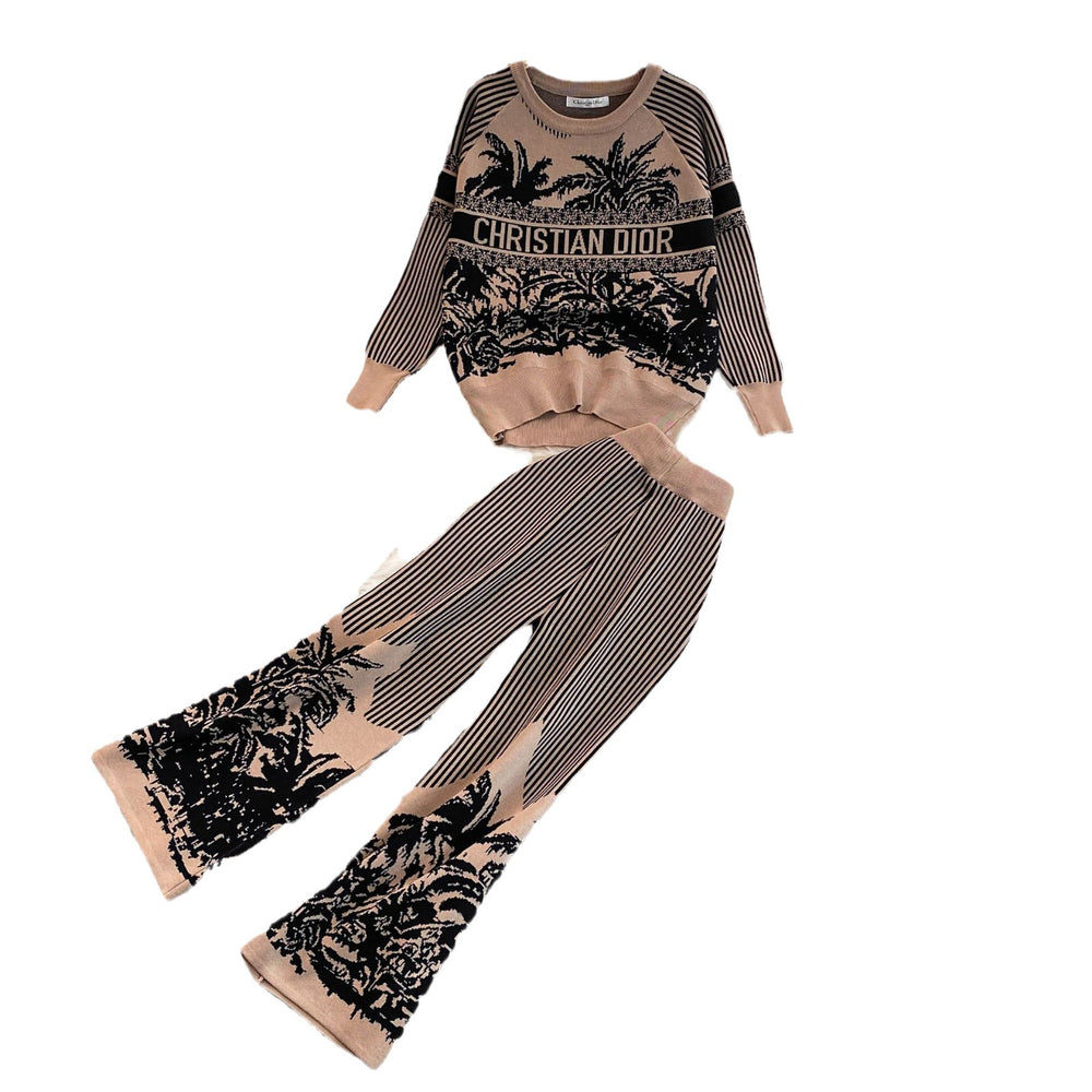 Autumn/winter new collection: artistic knitted print two-piece set for women - round neck top + high-waisted wide-leg pants