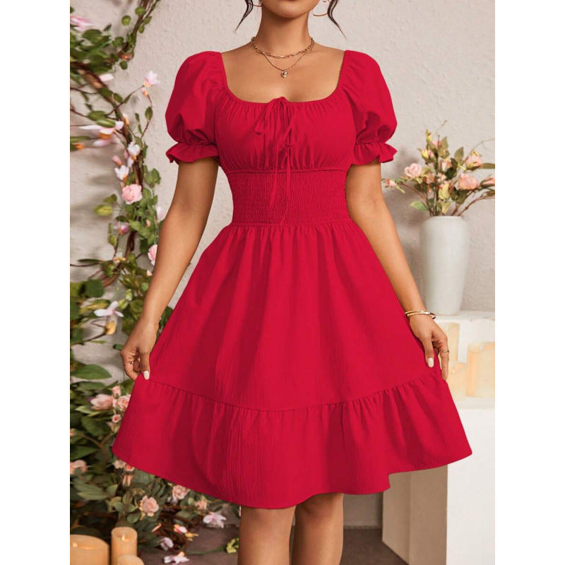 fashion  summer new arrivalelegantrufflespure color puff sleeve square neck shortdress