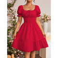 fashion  summer new arrivalelegantrufflespure color puff sleeve square neck shortdress