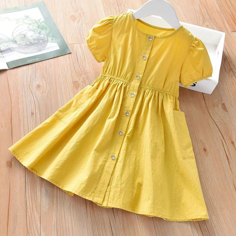 Girls' summer dress  new style chic cardigan slip dress baby solid color princess dress kids short sleeve skirt