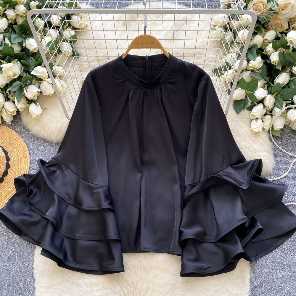 European and american chic ruffle trim flared sleeve satin blouse - women's  autumn collection, high-end versatile top