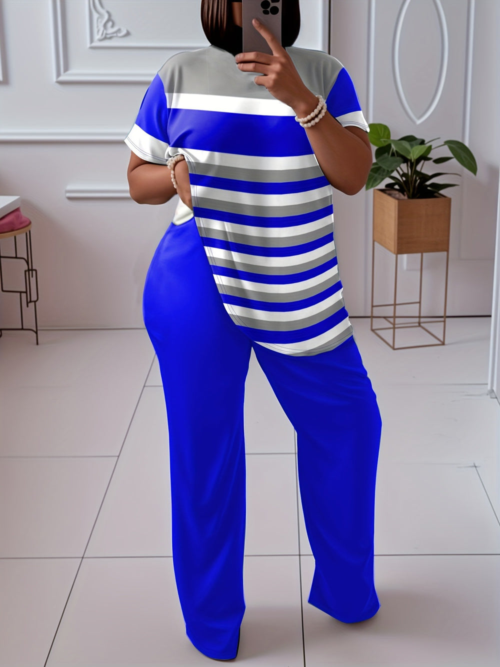 [hot-selling foreign trade model] fashion style large size contrasting stripesd short-sleeved fashion suit with burgundy wide-leg pants