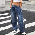 European and american cross-border e-commerce  autumn new arrival washed multi-pocket drawstring decorated wide-leg loose denim pants