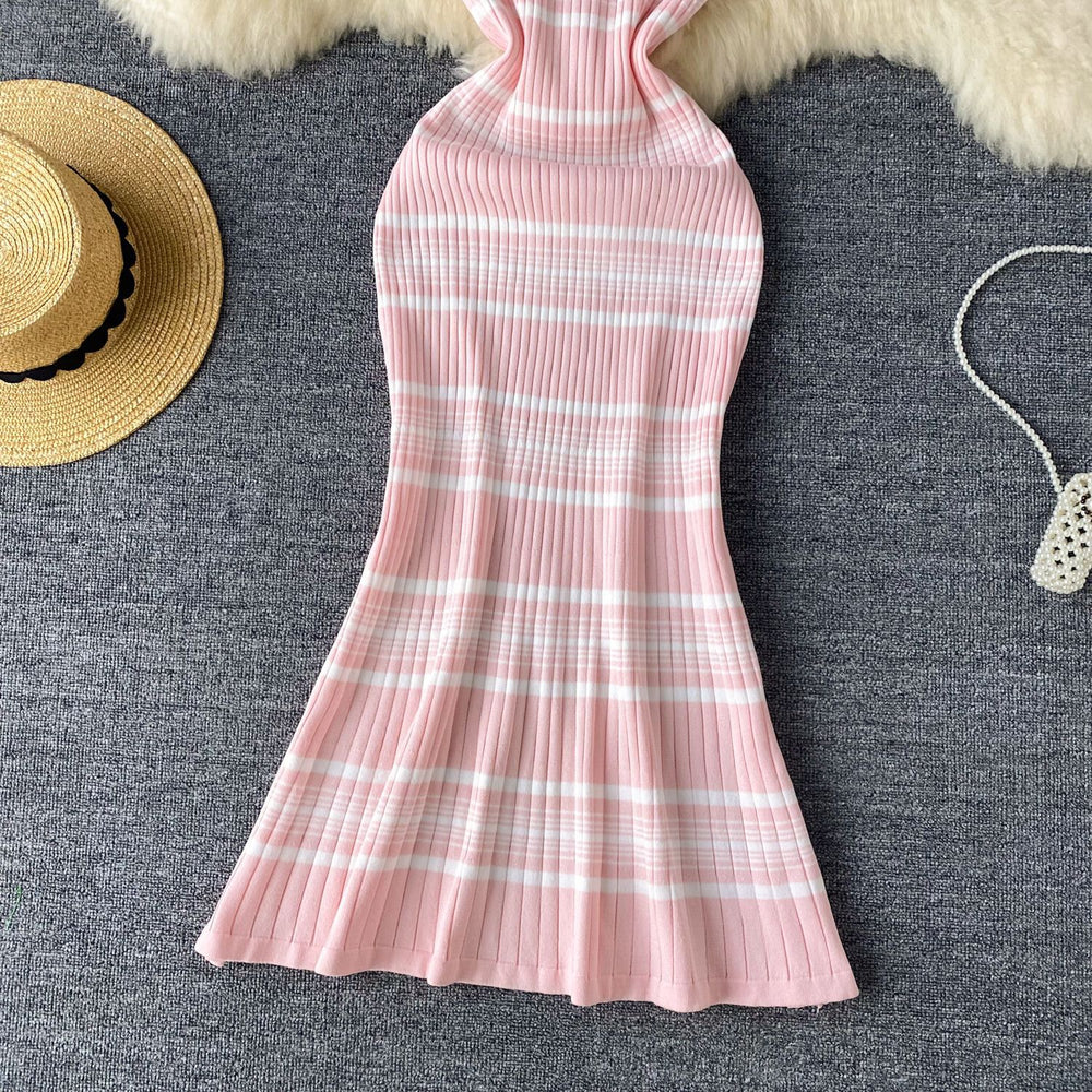 Striped dress women's summer  new french style high-end sleeveless slimming mermaid knit dress