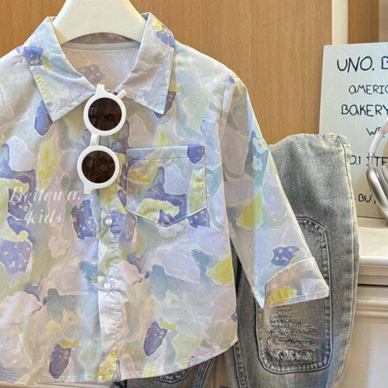 Kids' spring/autumn casual long-sleeve top for boys - toddler & child cotton shirt with all-over cartoon print and turn-down collar
