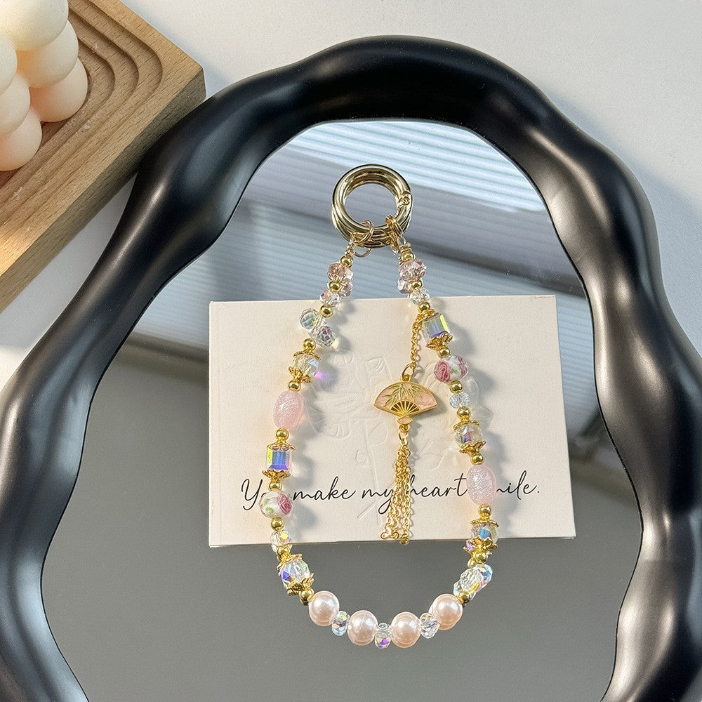 Chinese style alloy fan tassel mobile phone case lanyard handmade beaded glass flower crystal mobile phone chain bag hanging decoration