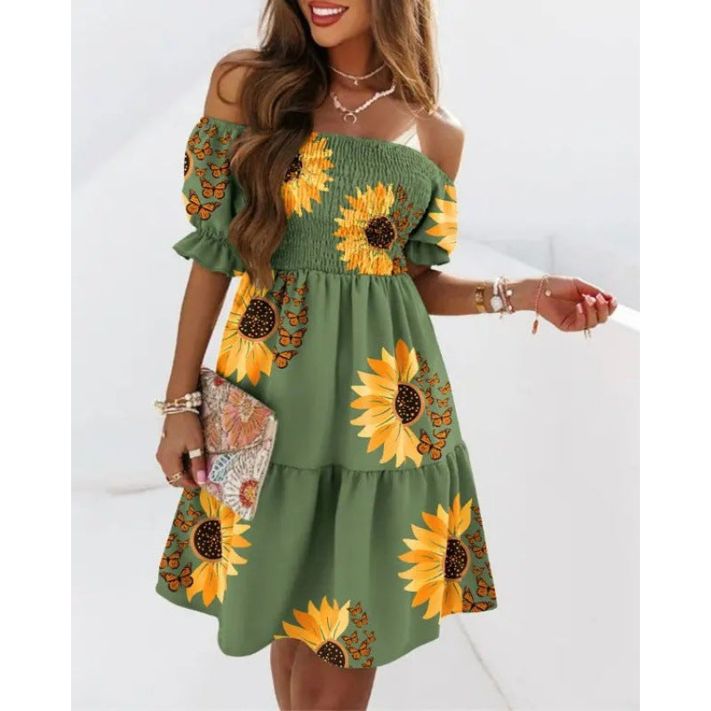 european and american independent station  new arrival short sleeve one-line collar waist pleated printingdress