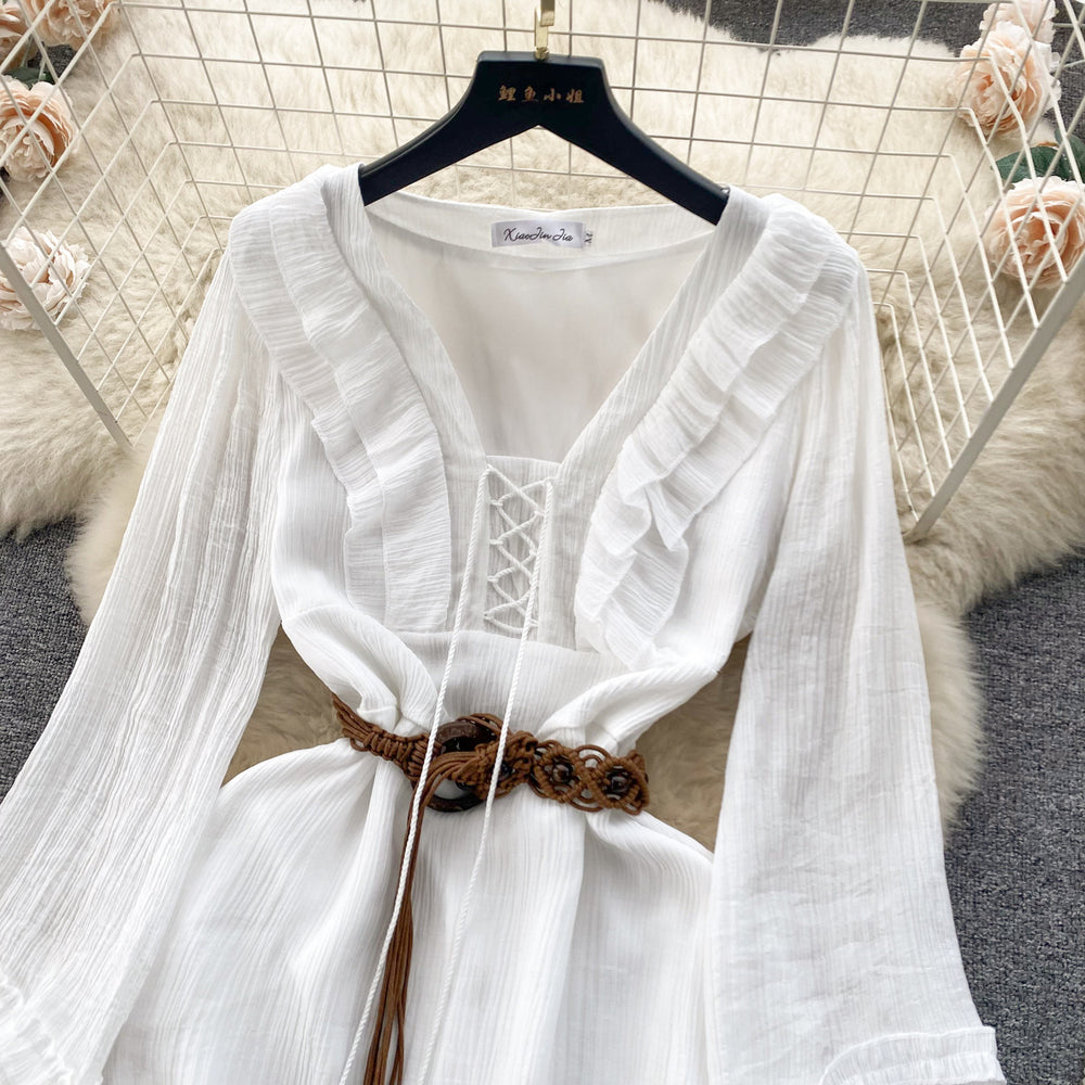 spring new arrival: sweet & chic vacation style - ruffled trim tie-waist bodycon mini dress with ruffle hem