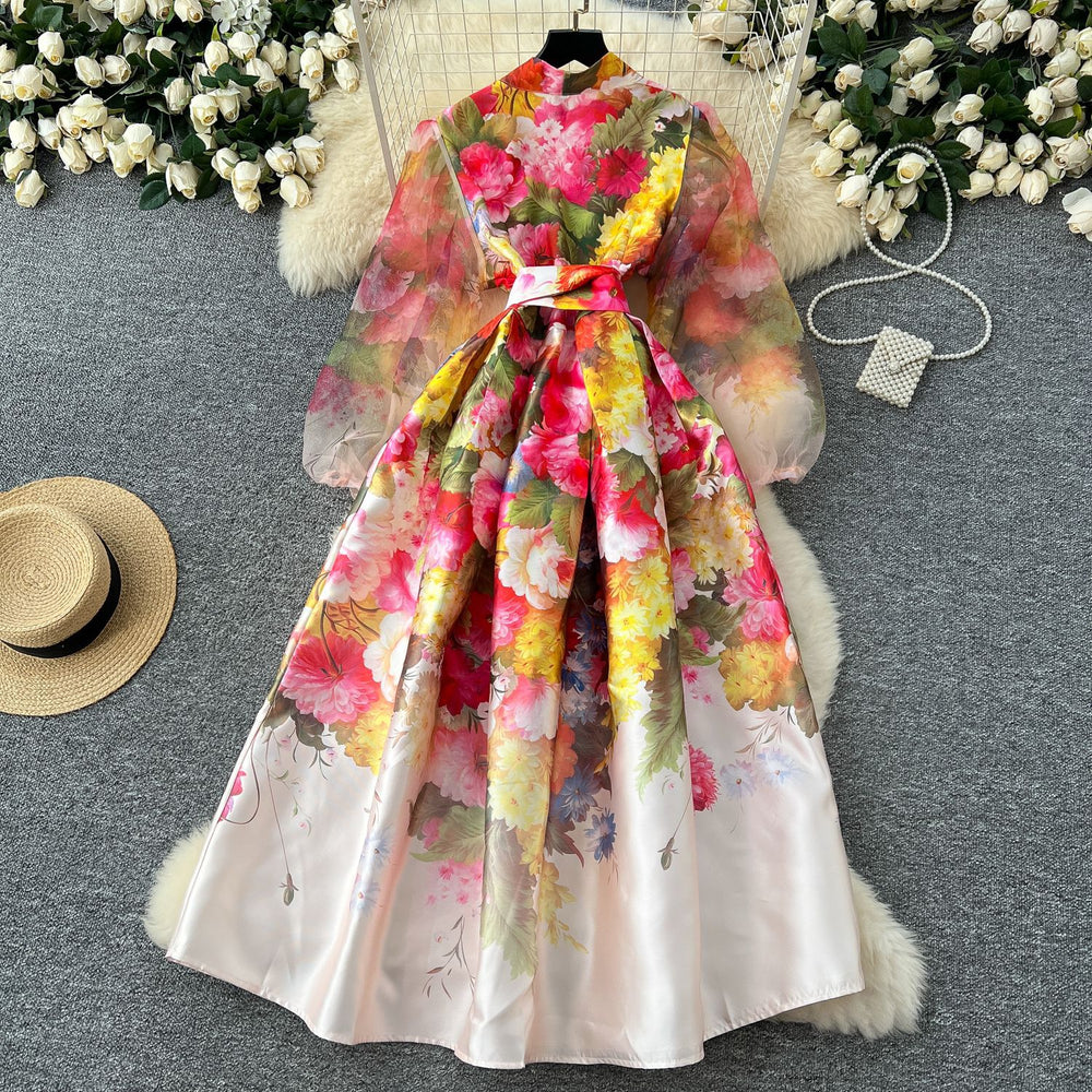 spring court style v-neck tie-waist mesh lantern sleeve printed slimming maxi dress