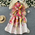 spring court style v-neck tie-waist mesh lantern sleeve printed slimming maxi dress