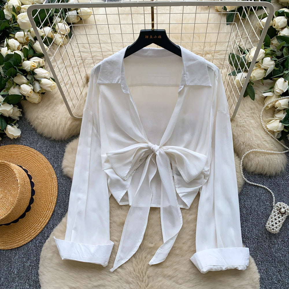 French work clothing style whiteelegantslimming looklong sleevesshirt women's summerloosebowscardigangirltops
