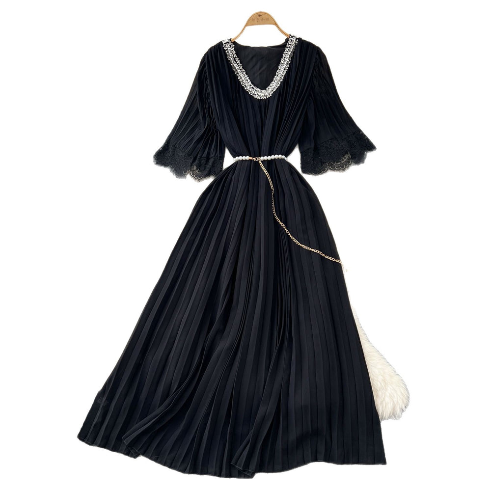 French-style embellished v-neck lace patchwork midi dress with ruched detail and tie-waist – women's loose-fit maxi dress