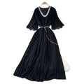 French-style embellished v-neck lace patchwork midi dress with ruched detail and tie-waist – women's loose-fit maxi dress