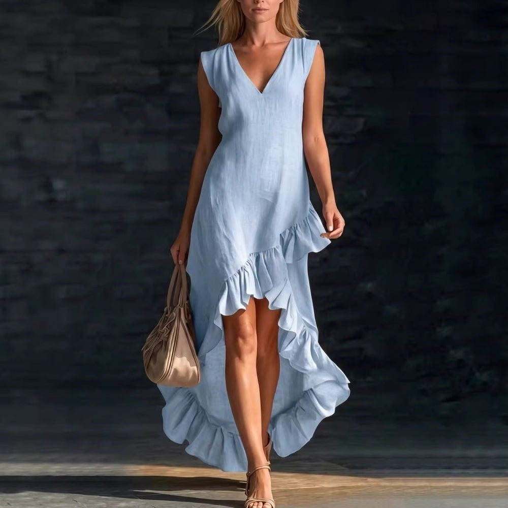 european and american cross-border  new fashion romantic sleeveless v-neck ruffle hem cotton linen maxi dress