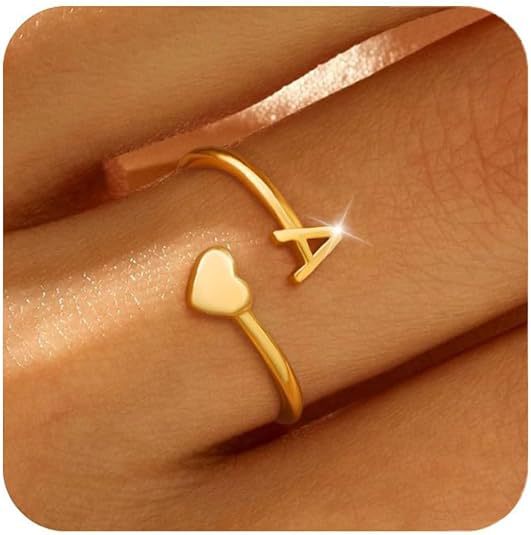 Gold initial ring for women, gold-plated heart-shaped initial stackable ring, adjustable pinky ring