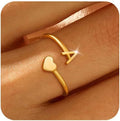 Gold initial ring for women, gold-plated heart-shaped initial stackable ring, adjustable pinky ring