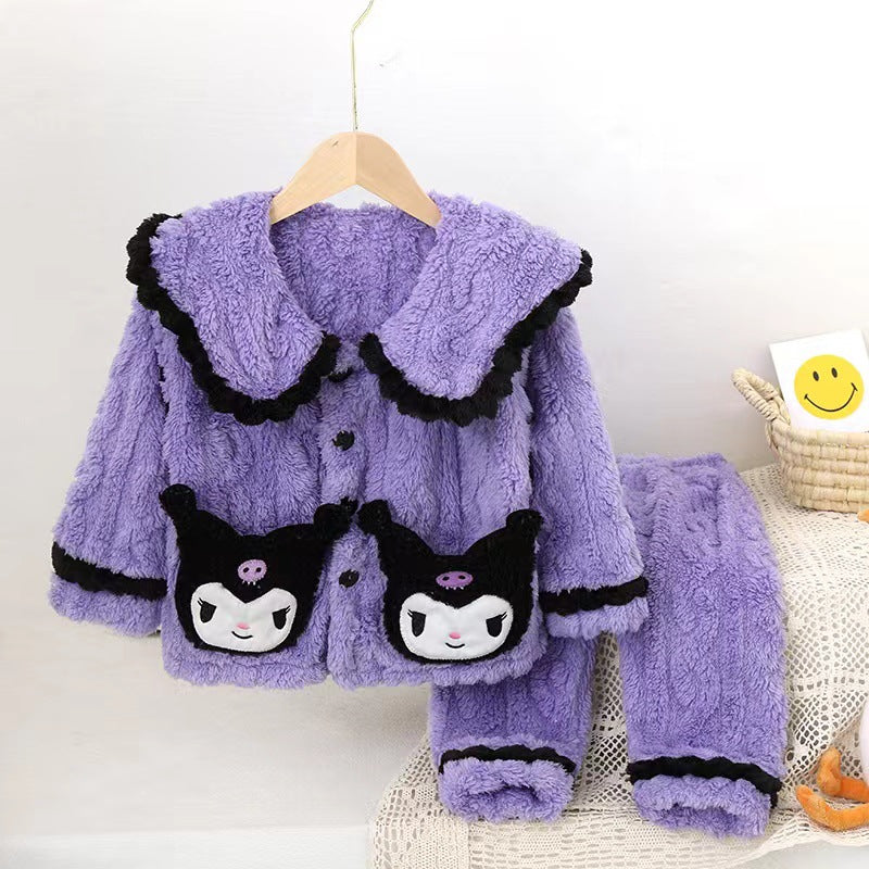 Girls' fall/winter kuromi flannel pajama set - kids' flannel cartoon lapel plush fleece thick loungewear