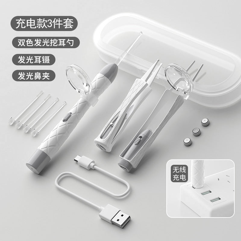 New arrival rechargeable light-emitting ear spoon suit nose pick ear pick earwax baby battery light buckle ear pick suit