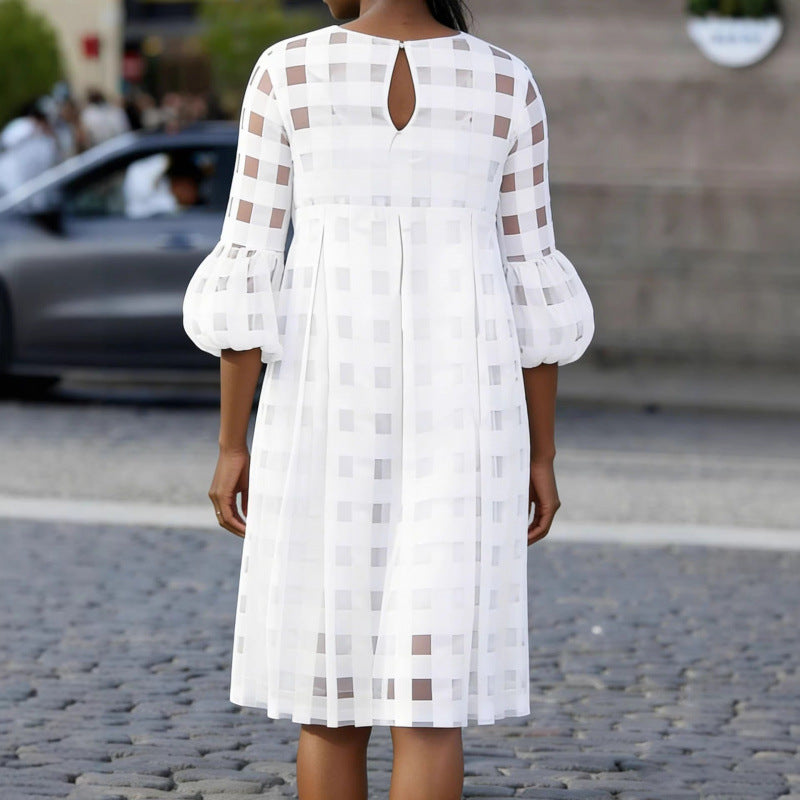 Amazon european fashion elegant plaid solid color dress women's summer new loose skirt