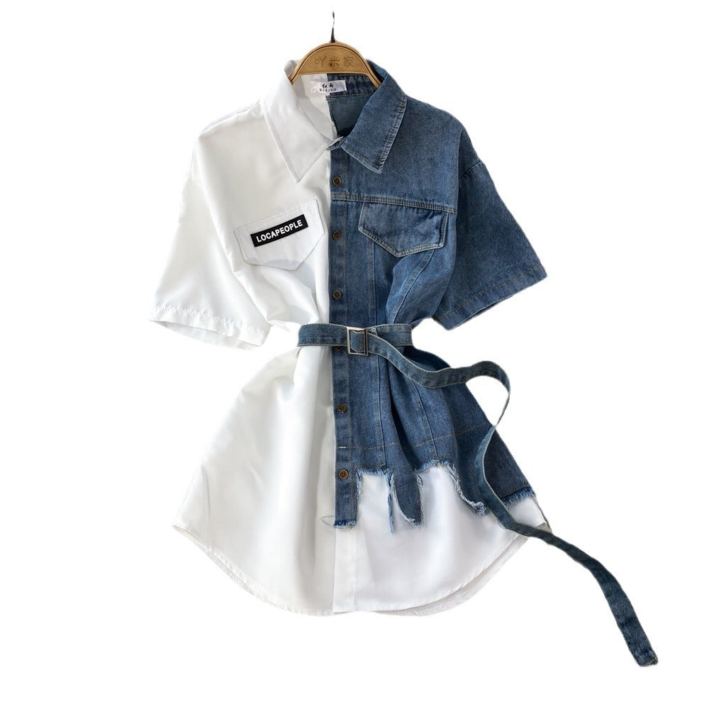 Contrast color lapel waist slimming looka single breasted shirt denim dress women's longasymmetrical t-shirt skirt