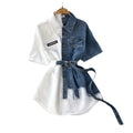 Contrast color lapel waist slimming looka single breasted shirt denim dress women's longasymmetrical t-shirt skirt