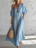 cross-border fashion summer women's solid color loose shoulder retrolong cotton and linen dress