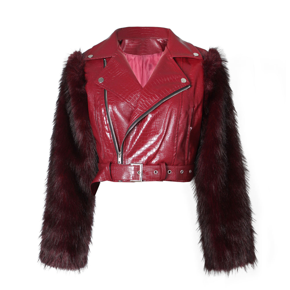 European and american style patchwork faux fur motorcycle jacket - women's autumn/winter short faux leather jacket - fashionable streetwear warm top