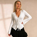 fashionlacev neck bell sleevetops women's drawstring waist rufflesslimming look gentle style long sleeves t-shirt