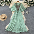 French chic embroidered v-neck dress - women's summer short sleeve, slim fit a-line maxi dress for vacation