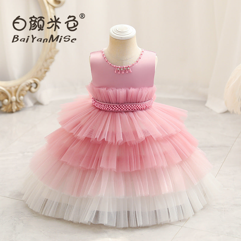 children's clothing, kids' formal dresses, color-block princess dress, baby girl's first birthday party dress, baby dress