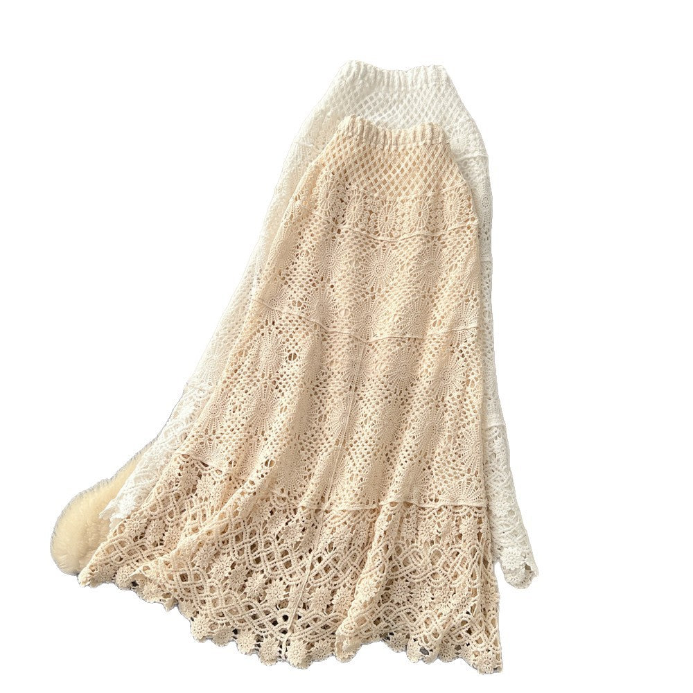 K-style heavy industry cut outknitting crochet skirt women's summerhigh waistslimming look a-line skirt tassel patchwork medium long