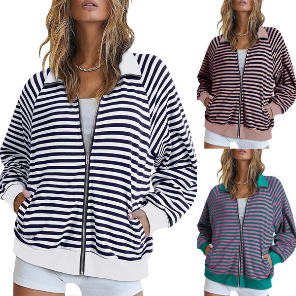 2025 autumn and winter Europe, America,   women's clothing new casual shirt striped lapel contrasting cardigan top women