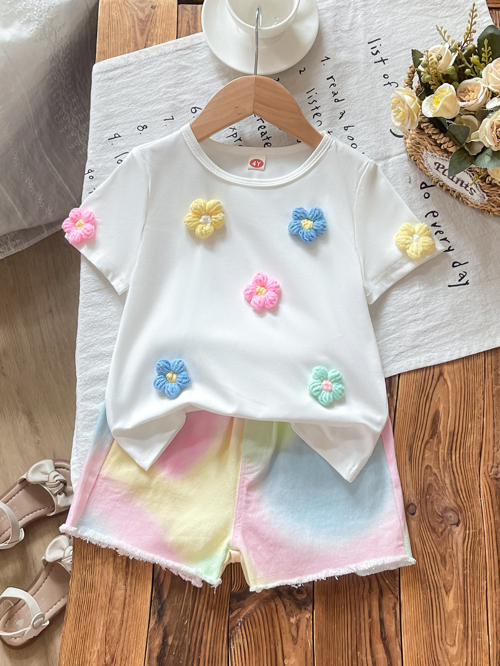 new cross-border girls' round neck 3d floral top + iridescent denim pants two-piece set