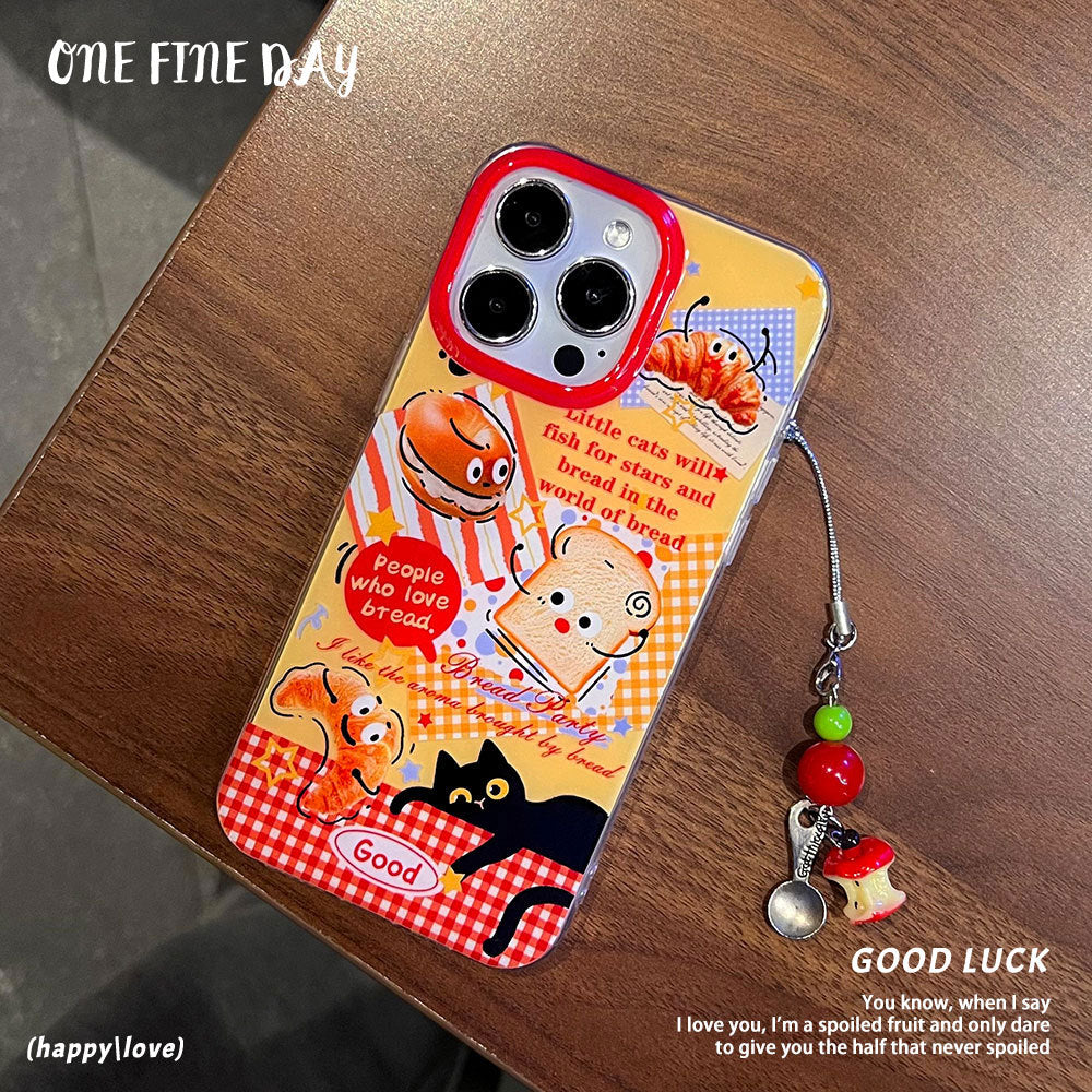 Bread and black cat compatible apple 17 air stand protective case creative toast iphone 16 pro phone case 15