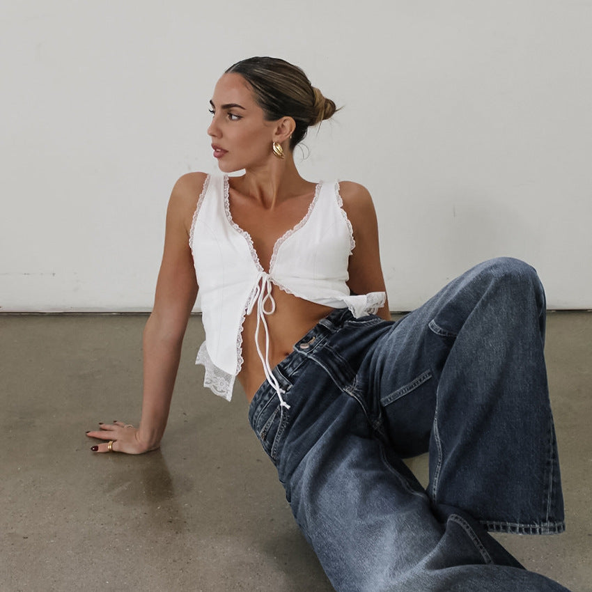 sexy white lace suspender vest women's summer fashion V-neck cardigan vest niche women's clothing