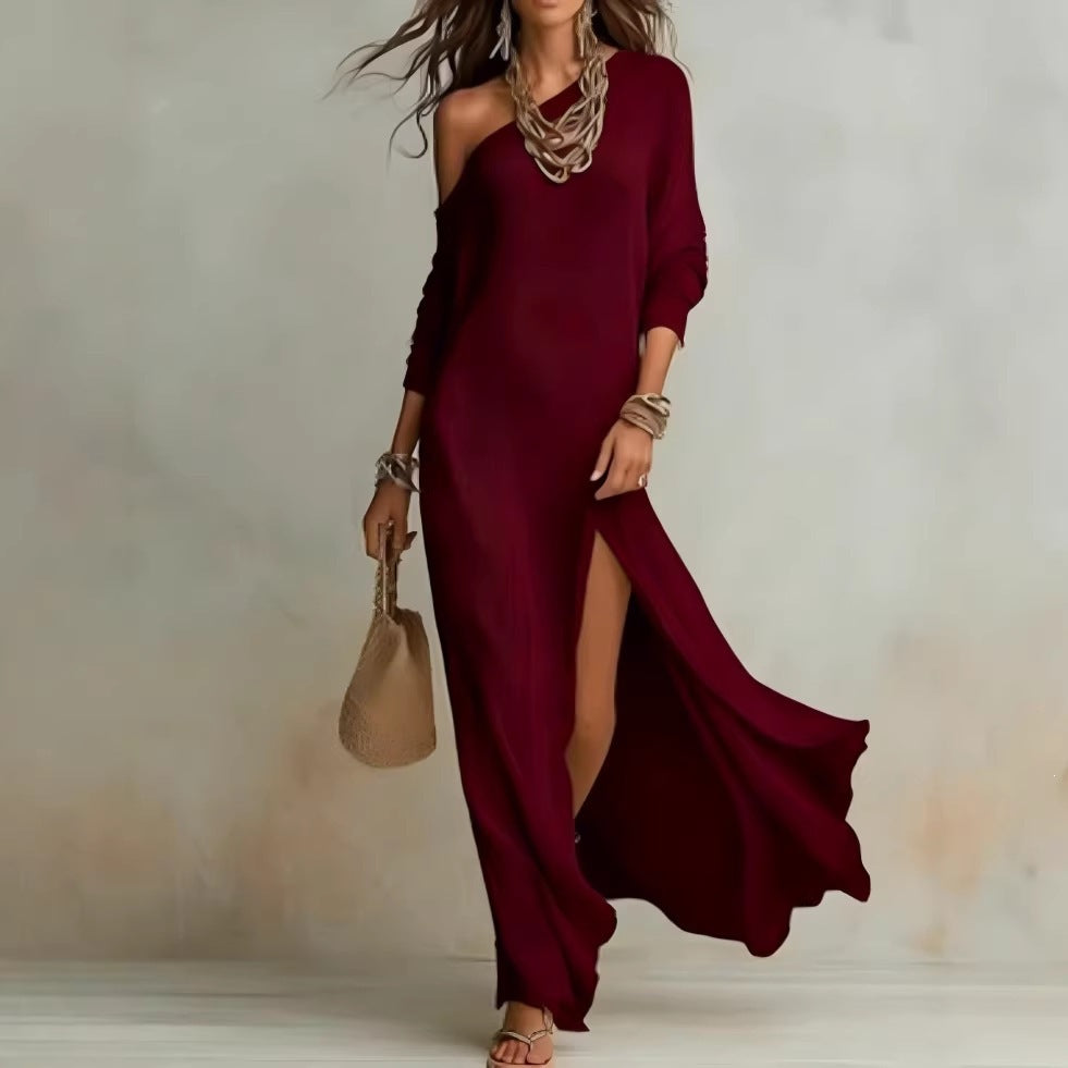 summer european and american cross-border independent station new arrivalelegancelong sleevesknitting pleated slit women's dress