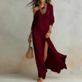 summer european and american cross-border independent station new arrivalelegancelong sleevesknitting pleated slit women's dress