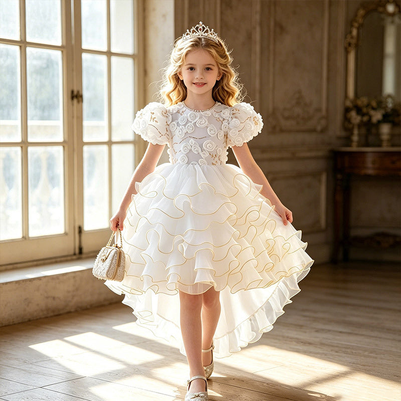 European and american style  girls' dress - high-low hem, train, tiered skirt, bow detail, detachable back - wholesale