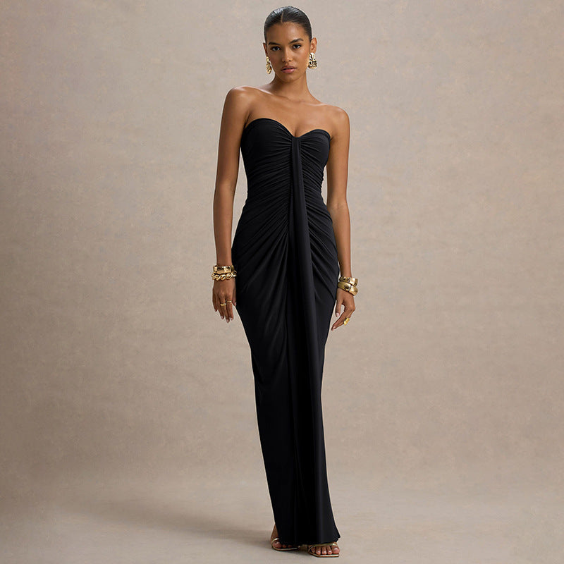 autumn new arrivals: european & american style women's sleeveless maxi dress - solid color, slim fit, ruched bodycon with tie detail