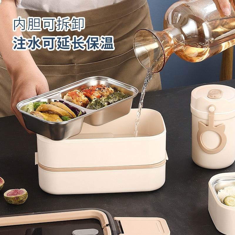 316 stainless steel double-walled insulated lunch box with dividers, microwaveable plastic food container
