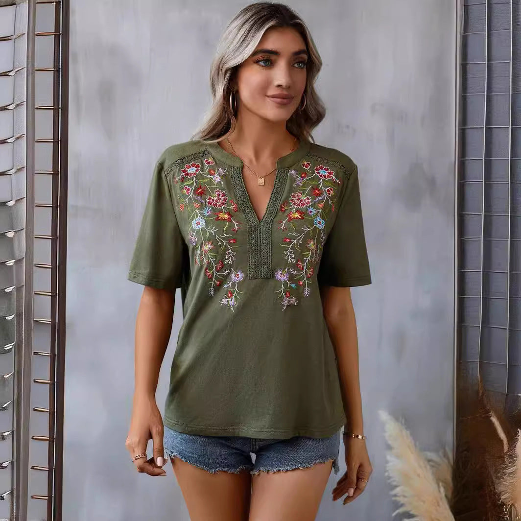 2025 Europe, America,   summer new fashion 10,000-needle embroidered splicing lace lace top women's T