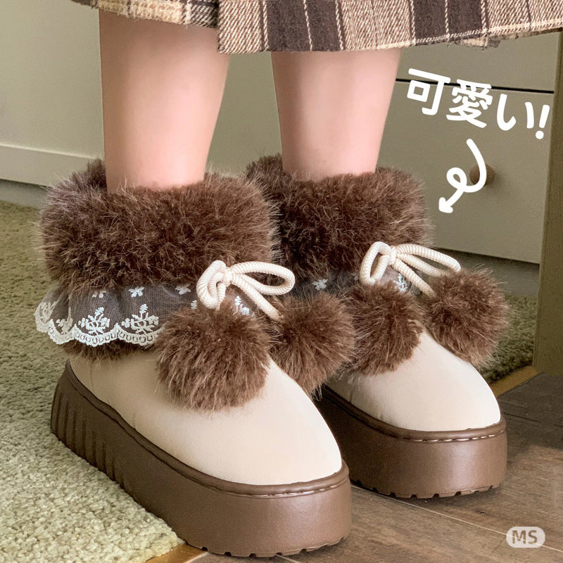Fur ball snow boots for women winter2025new arrivalfleece-linedthickenedheattech fur thick sole short boots outwear northeast cotton shoes