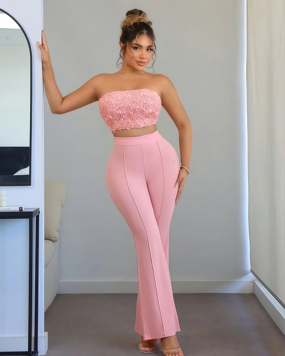 European and american cross-border women's fashion  summer new arrival: solid color exquisite small floral bandeau top and flared leggings two-piece set