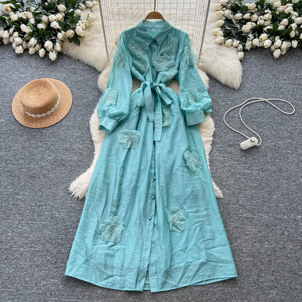 Frenchclassy heavy industry beading stereo flower lapel long sleeves single breasted strap waist elegantdress women