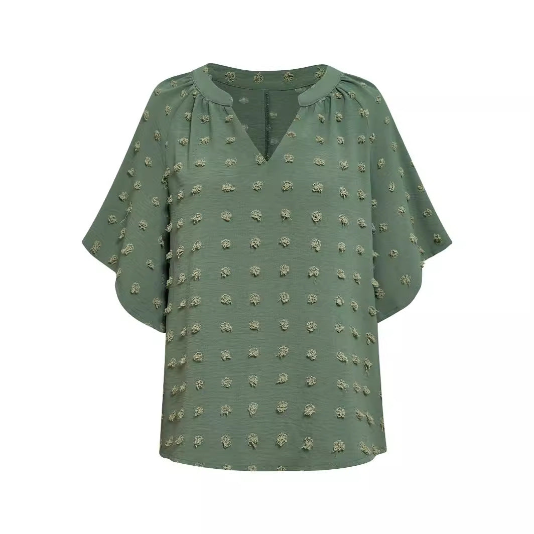 2024 European and American spring and summer new  popular  women's clothing casual style V-neck solid color hairball top women